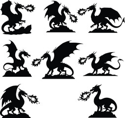 PrintFire breathing dragon silhouette set, mythical fantasy creature collection, flying monster with wings and flames, rocky ground poses, cad drawing flat vector illustration
