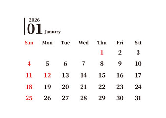 2026年1月のシンプルな日本の月間カレンダー 日曜始まり