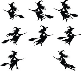 Halloween witch silhouette set, flying broomstick magical character design, spooky folklore fantasy symbol, dynamic poses collection, cad drawing flat vector illustration