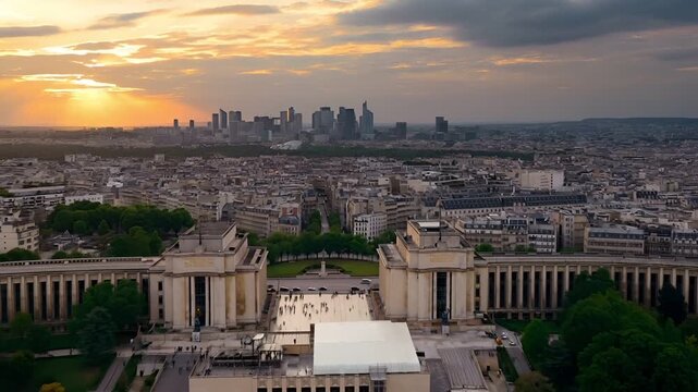 Aerial view of Paris during sunset, France, with the Eiffel Tower in the foreground. The sky is painted in hues of orange and blue, with clouds scattered across.
