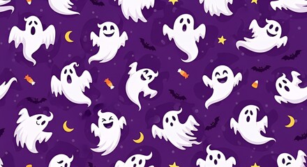 Obraz premium Halloween Ghost Pattern on Dark Purple Background with Bats and Candy