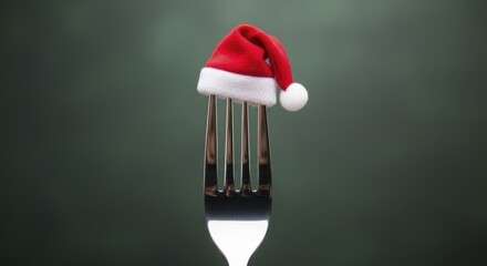 Festive Santa Hat on Silver Fork Against Dark Green Background