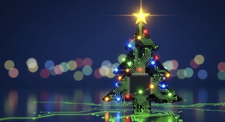Technological Christmas tree made from circuit board with glowing star and colorful lights on a dark background