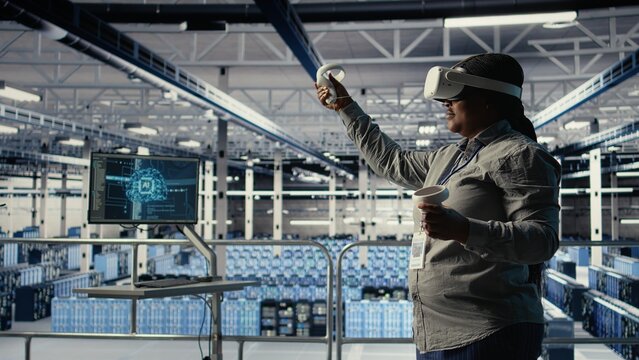 Data center technician using virtual reality, improving AI rigs processing speed. Server hub IT expert using VR headset to manage gear providing support for artificial intelligence workloads, camera A - Powered by Adobe