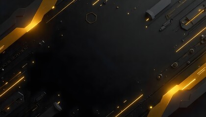 Futuristic dark background with glowing gold lines and tech elements