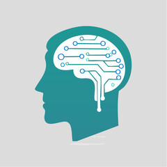 Conceptual illustration depicting a human head silhouette merged with digital circuitry brain