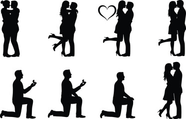 Romantic couple silhouettes, kissing, embracing, proposal, love, relationship, affection, lifestyle, wedding, cad drawing flat vector illustration
