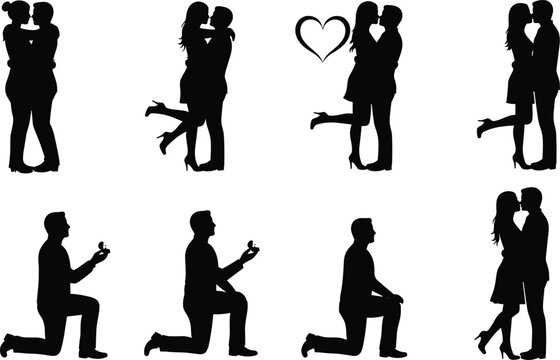 Romantic couple silhouettes, kissing, embracing, proposal, love, relationship, affection, lifestyle, wedding, cad drawing flat vector illustration