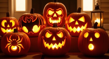 Spooky Halloween night with glowing carved pumpkins featuring bats, spiders, skulls, and creepy faces for festive autumn celebrations