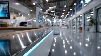 Naklejka premium A bright and modern workspace featuring robotic technology showcasing the evolution of automation and its significant role in enhancing efficiency in industrial settings.