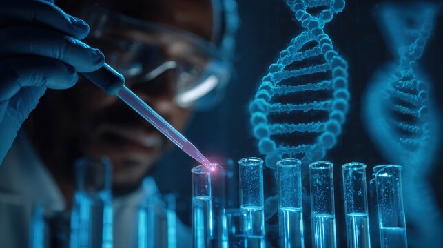 Scientist Pipetting Liquid into Test Tubes with DNA Helix