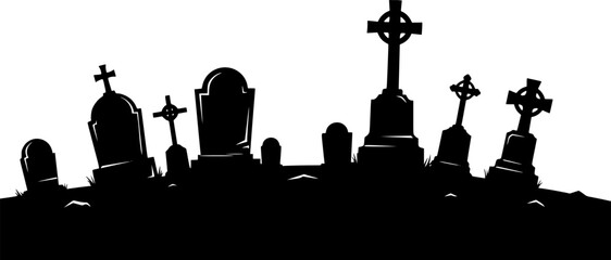 Graveyard silhouette. This image shows a graveyard with various tombstones and crosses in silhouette form, creating a spooky and eerie atmosphere. Vector clipart illustration design