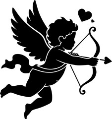 Fototapeta premium Cupid silhouette. This image shows a black and white design of Cupid, the winged cherub from mythology, holding a bow and arrow symbolizing love. Vector clipart illustration design.