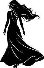 woman walking away silhouette. A woman with flowing hair and a long dress is depicted gracefully walking away. Vector clipart black illustration design.