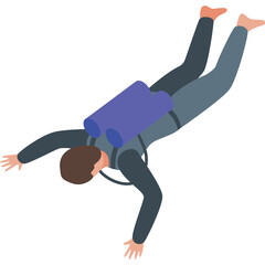 Scuba diver in a dark wetsuit with a large purple oxygen tank descends into the water with arms...