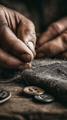 Skilled hands carefully stitching a piece of textured fabric with a needle and thread, demonstrating craftsmanship and the process of mending or tailor work, with wooden buttons resting nearby