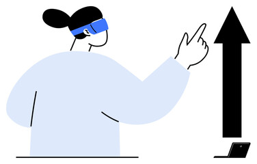 Person with VR headset pointing towards large upward arrow indicating progress. Ideal for technology, innovation, growth, strategy, future concepts, virtual reality, success. Minimalist flat metaphor