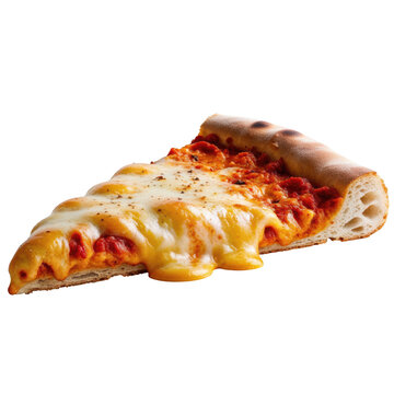 Closeup of a cheesy pizza slice with dripping cheese isolated on transparent background