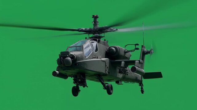 Attack helicopter rotor rotation with gradual spinup and spindown captured against green screen great for dynamic flight visual effects or game design.