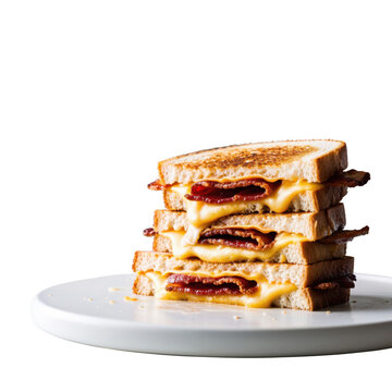 Stacked bacon grilled cheese sandwich, isolated on transparent background