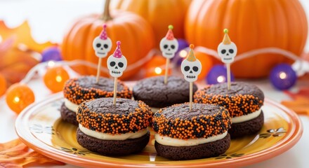 Spooky Halloween treats for a fun party! Indulge in delicious chocolate cookies with orange sprinkles and skull decorations for a memorable holiday gathering.