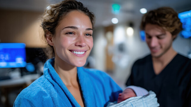 A cheerful mother cradles her newborn baby while her supportive partner stands nearby, depicting loving warmth and tenderness in a nurturing hospital environment. - Powered by Adobe
