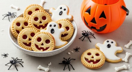 Delightful Halloween treats of festive jack-o'-lantern and ghost cookies with spooky spiders, perfect for seasonal fun and party themes