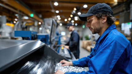 Fototapeta premium A focused worker is managing the packaging process in a factory setting, highlighting the attention to detail required in modern manufacturing operations and teamwork.