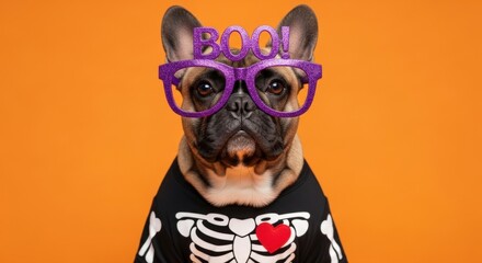 Adorable French Bulldog ready for Halloween with spooky skeleton costume and fun BOO glasses against vibrant orange backdrop making a festive fall statement