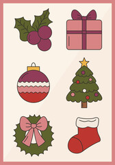 Set of cute traditional Christmas elements, gift, ornament, Christmas tree, wreath, holly berry, Christmas stocking in vibrant color palette, vector illustration