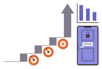 Stepped staircase with targets, upward arrow symbolizing growth, bar graph, and locked door labeled unlock. Ideal for business strategy, personal growth, goal setting, success, achievement progress