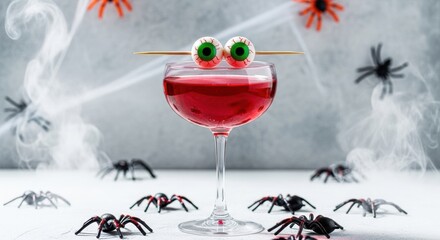 Spooky Halloween cocktail with eyeball garnish and spider decorations, a fun and festive drink for parties and themed events, a creepy celebration