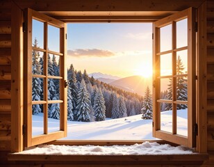 Wooden Window Framing Winter Landscape Scene With Snow Covered Pine Trees And Glowing Sunset