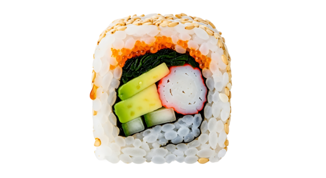 Appetizing sushi roll with tobiko and sesame seeds on transparent background - Powered by Adobe