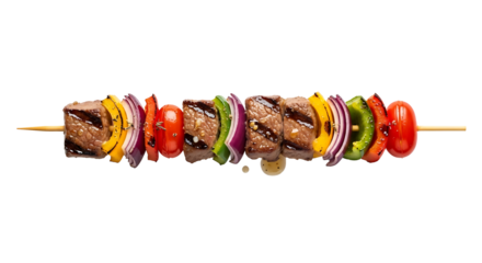 Delicious grilled beef shish kebab with fresh vegetables on transparent background