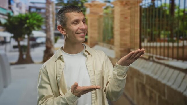 Man with a playful smile outdoors in a sunny street scene pointing toward architecture and greenery with an inviting expression.