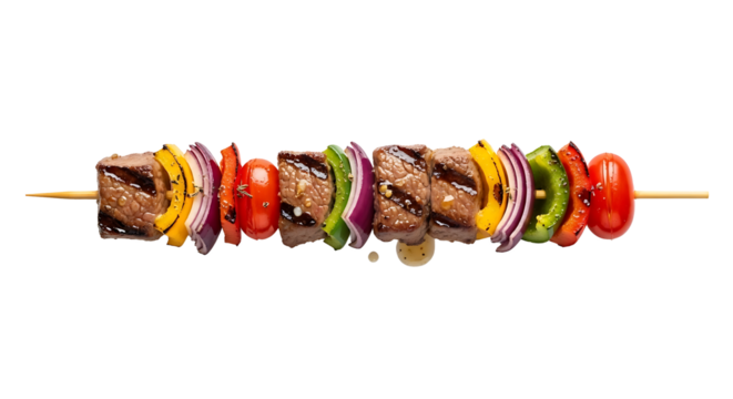 Delicious grilled beef shish kebab with fresh vegetables on transparent background