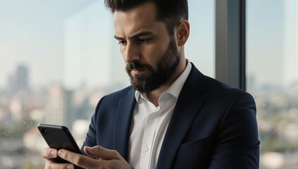 Serious businessman using smartphone in modern office