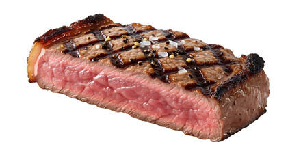 Juicy medium rare steak adorned with salt and pepper on transparent background