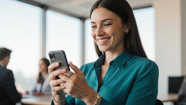 Smiling businesswoman using smartphone in modern office