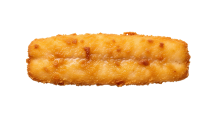 Delicious rectangular golden fried fish portion close-up shot on transparent background