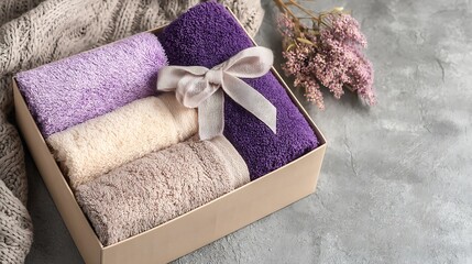 Beige Gift Box with Purple and Beige Towels on Gray Background.