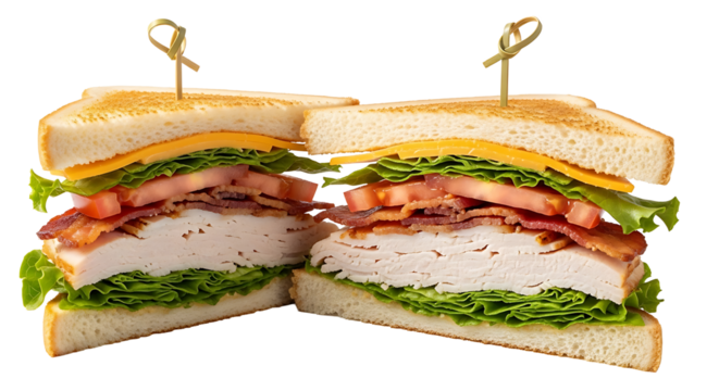 Mouthwatering club sandwich featuring fresh ingredients sliced in half on transparent background - Powered by Adobe
