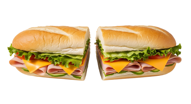 Appetizing sandwich halves featuring vibrant fillings, presented against a clear backdrop on transparent background
