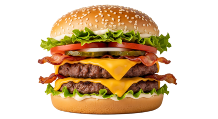 Mouthwatering double cheeseburger with bacon and toppings on transparent background