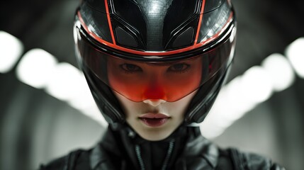 Intense gaze from futuristic racer in black helmet