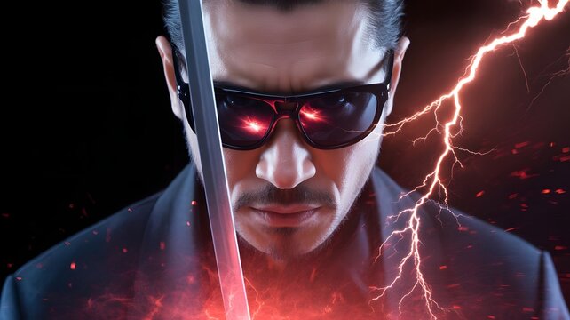Intense man with sword, sunglasses, and red lightning strikes