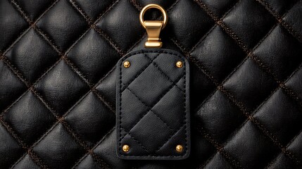 Black leather luggage tag hanging on dark luxury quilted background with golden snap hook and decorative studs.