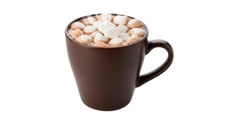 Steaming hot chocolate in a dark mug topped with marshmallows on transparent background