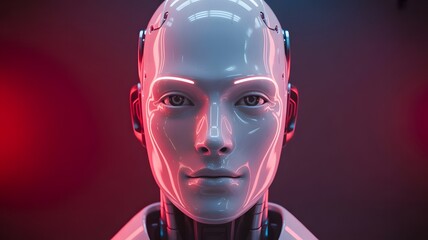 Futuristic AI robot face with glowing red neon accents